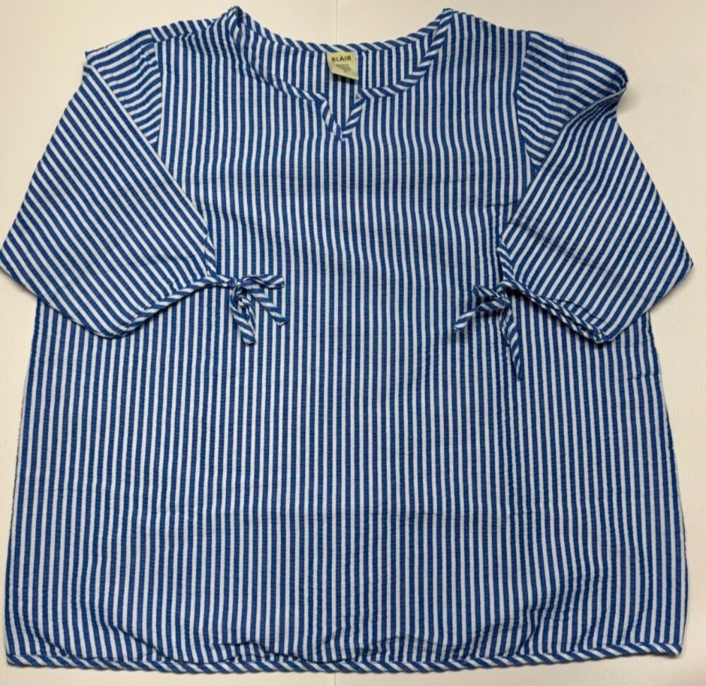 Blair Womens Seersucker XL Blue White Stripe Shirt Top Grandma Coastal Cruise